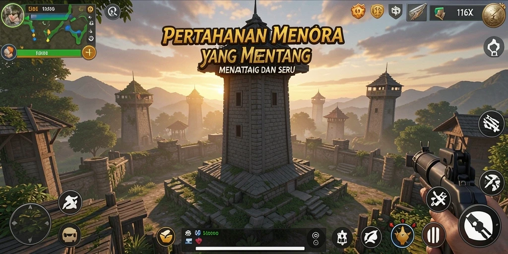 Screenshot utama 116X menampilkan aksi seru pertahanan menara.