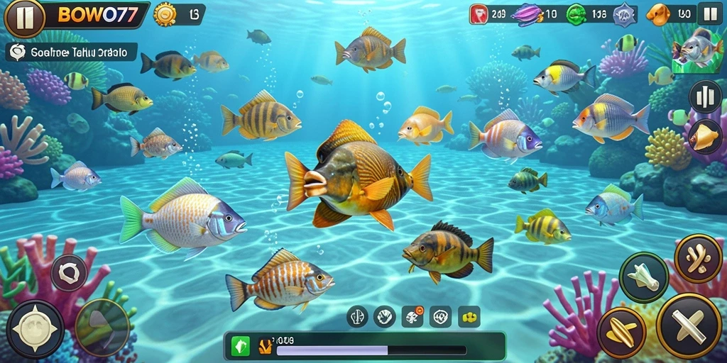 Screenshot gameplay BOWO77 menampilkan aksi menembak ikan yang seru.