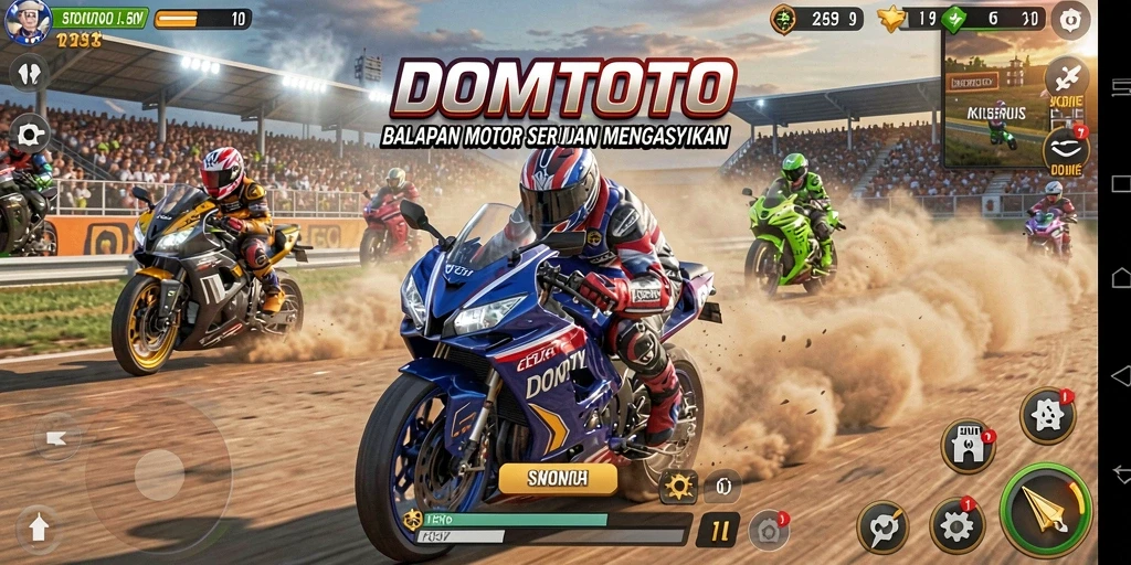 Screenshot gameplay DOMTOTO menampilkan aksi balapan motor yang mendebarkan.