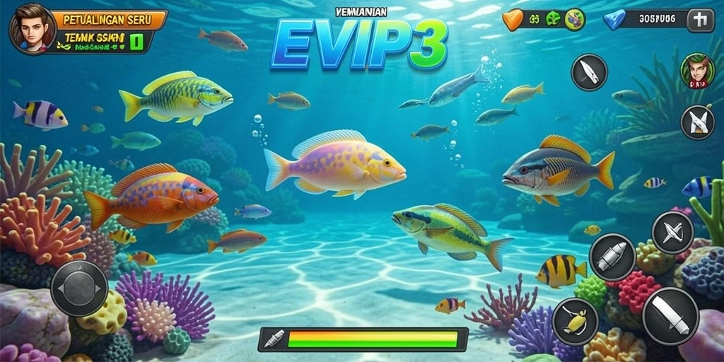 Screenshot gameplay EVIP3 menampilkan aksi seru menembak ikan.