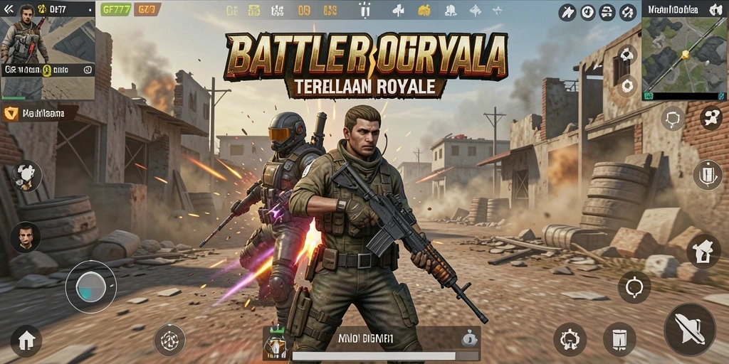 Screenshot utama GF777 menampilkan aksi seru dalam pertempuran Battle Royale.