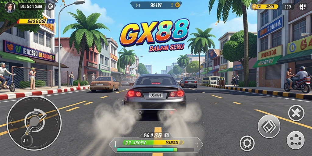 Screenshot GX88 menampilkan aksi balapan menegangkan di trek yang spektakuler.