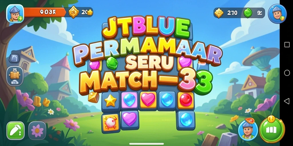 Screenshot gameplay JTBLUE menampilkan aksi mencocokkan permata yang seru.