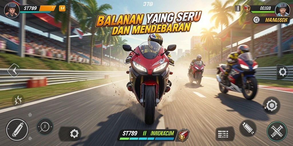 Screenshot gameplay ST789 menampilkan akselerasi motor balap yang mendebarkan.