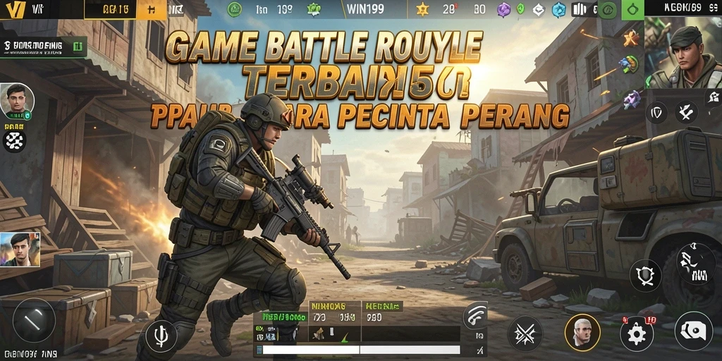 Tangkapan layar utama WIN199 menampilkan aksi gameplay Battle Royale yang intens.